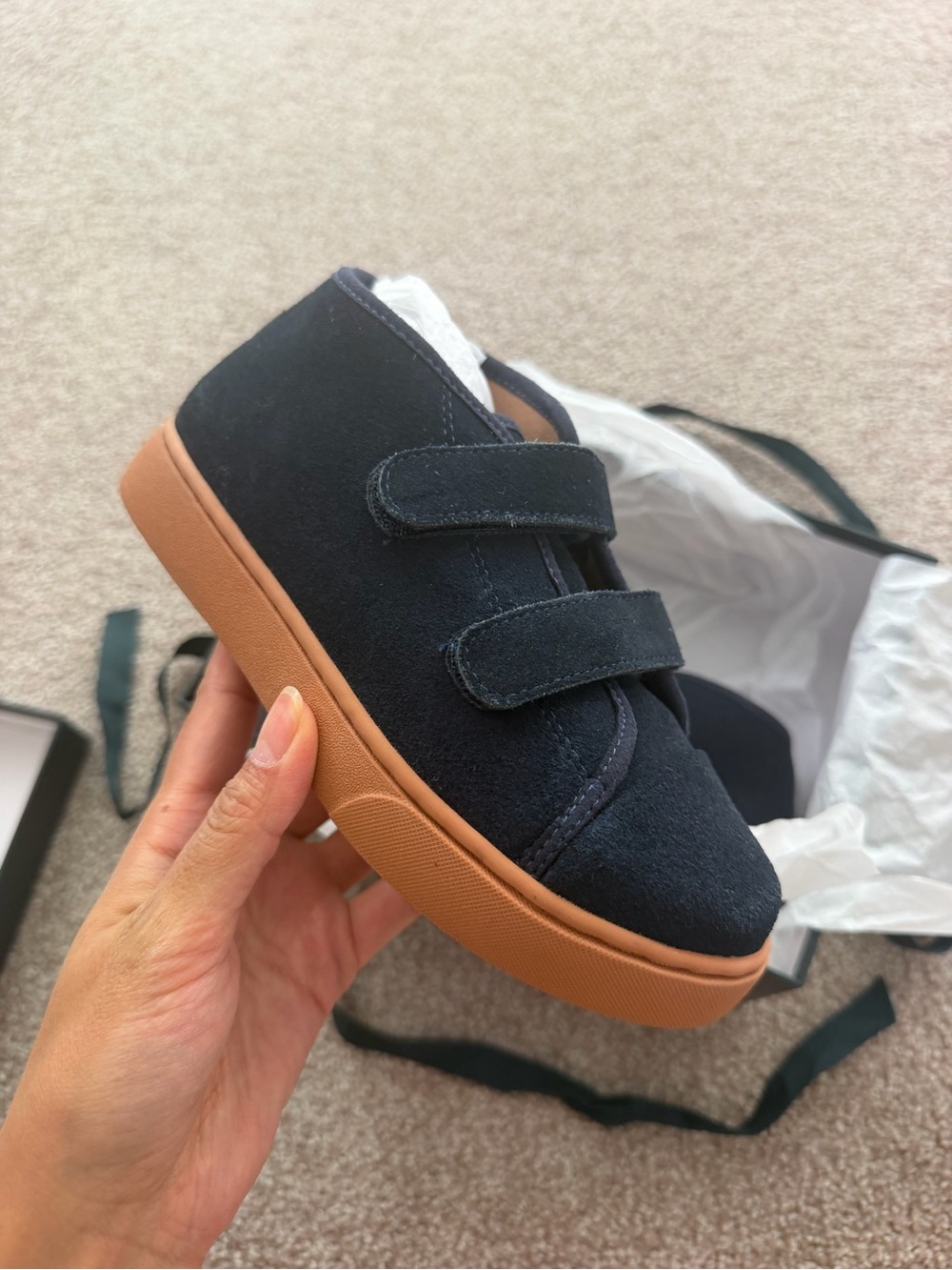 Navy Suede Kids Velcro Sneakers with Gum Sole